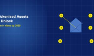 Property icon splitting into token circles connected by lines on dark blue grid background