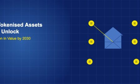 Property icon splitting into token circles connected by lines on dark blue grid background