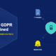 Infographic showing UK GDPR data protection compliance with a shield and lock in the center surrounded by seven principles document, data rights person, breach alert bell, and ICO fines gavel icons connected by flowing arcs