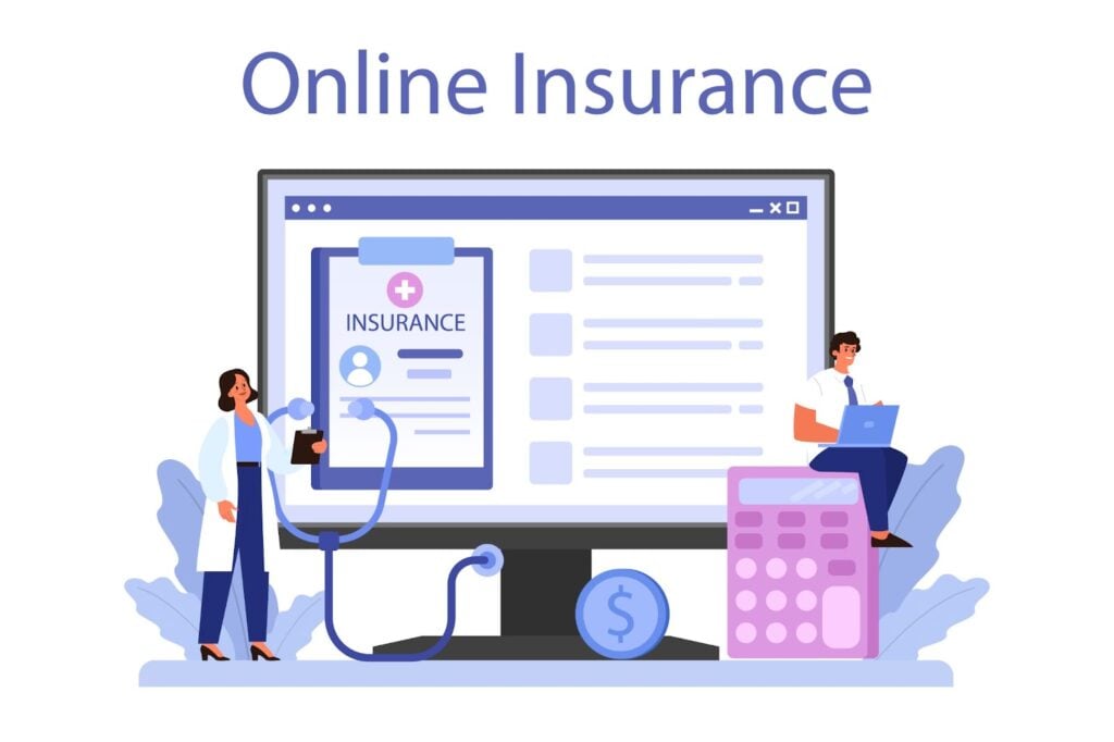 Online insurance with a computer monitor displaying an insurance form.