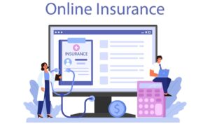 Online insurance with a computer monitor displaying an insurance form.