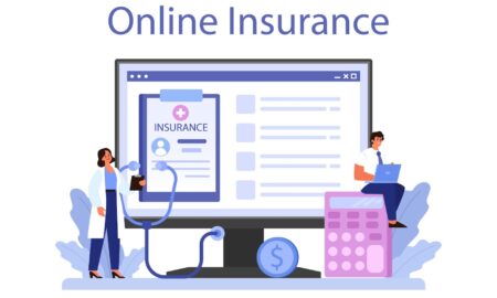 Online insurance with a computer monitor displaying an insurance form.