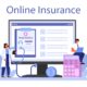 Online insurance with a computer monitor displaying an insurance form.