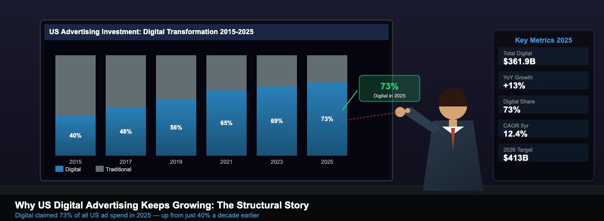 Executive presenting digital versus traditional advertising shift data showing digital growing to 73 percent of US ad spend in 2025
