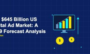 Digital ad market monitor with growth chart and dollar coins