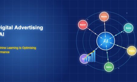 AI neural network hub connected to digital advertising channels including search, social, display, video, mobile, and native platforms with data flow visualization and performance metrics