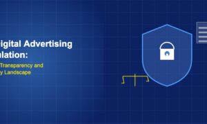 Shield with privacy lock and scales of justice with policy document showing US digital advertising regulation landscape
