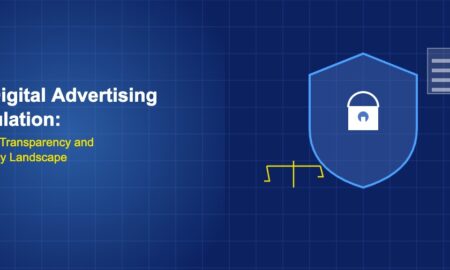 Shield with privacy lock and scales of justice with policy document showing US digital advertising regulation landscape