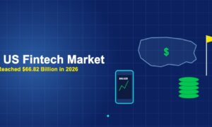 US map outline with phone fintech app money stack and flag