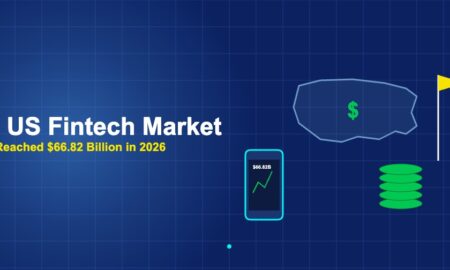 US map outline with phone fintech app money stack and flag