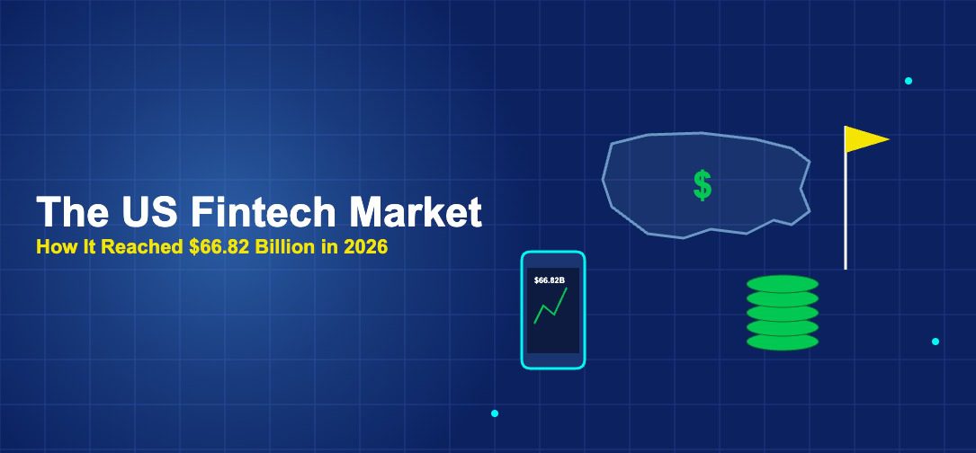US map outline with phone fintech app money stack and flag