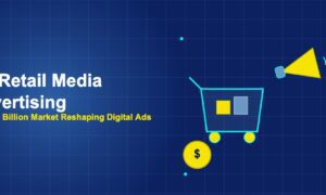 Shopping cart with product boxes and megaphone with sound waves