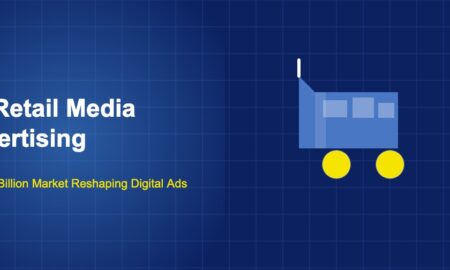 Blue shopping cart icon with two yellow wheel circles and white items inside on a dark navy grid