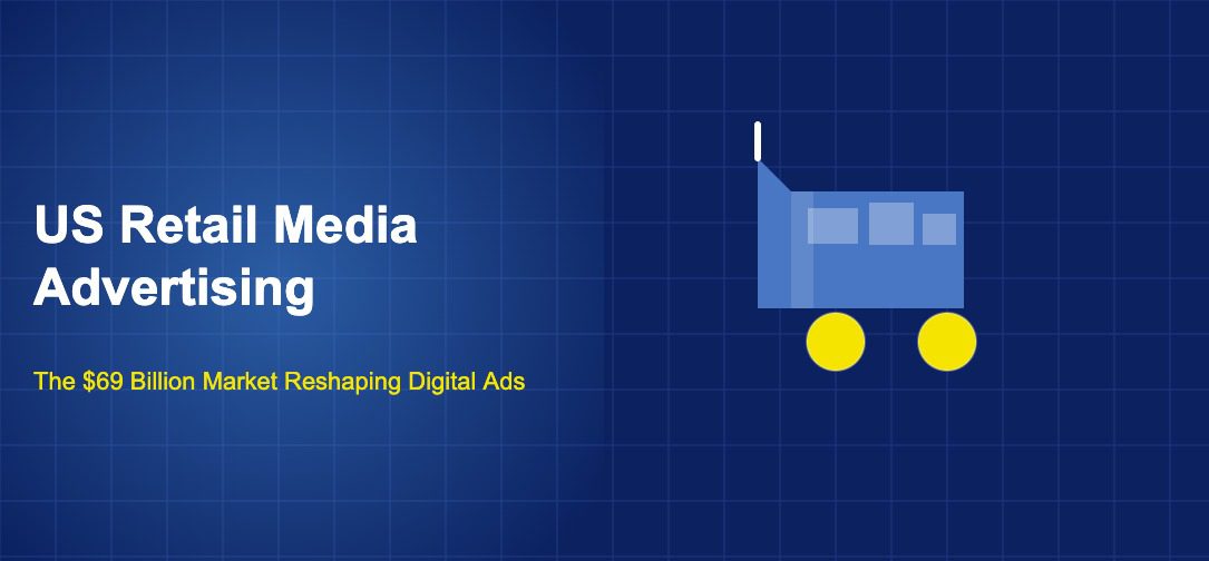 Blue shopping cart icon with two yellow wheel circles and white items inside on a dark navy grid