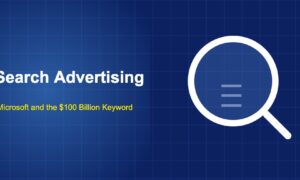 White magnifying glass with a large circular lens showing faint text lines inside on a dark navy background