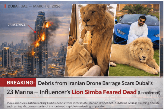 BREAKING: Debris from Iranian Drone Barrage Scars Dubai’s 23 Marina Tower — Flames Erupt, One Dead, Rumors Swirl Over Influencer’s Famous Lion Simba Feared Killed