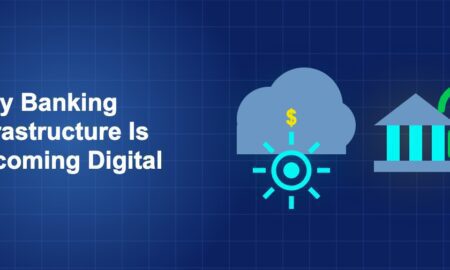 Dark blue fintech illustration with + icons in side-by-side composition