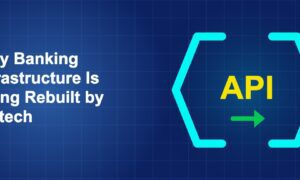 Dark blue fintech illustration with icons in solo composition