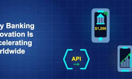 Dark blue fintech illustration with ++ icons in triangle composition