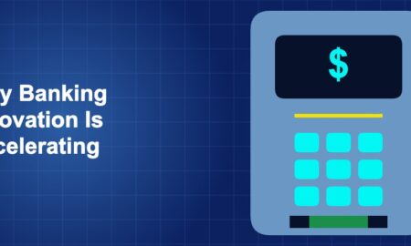 Dark blue fintech illustration with icons in solo composition