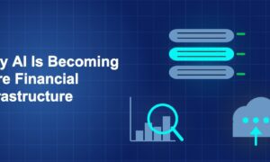 Dark blue fintech illustration with ++ icons in triangle composition