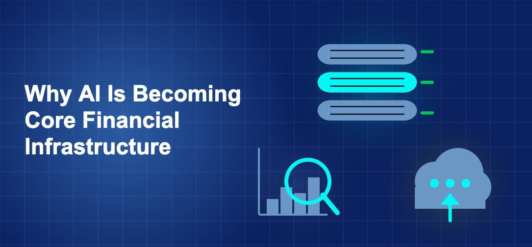 Dark blue fintech illustration with ++ icons in triangle composition