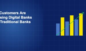 Bar chart comparing satisfaction metrics between digital and traditional banks with upward trend arrow