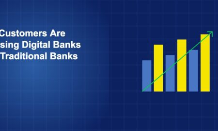 Bar chart comparing satisfaction metrics between digital and traditional banks with upward trend arrow