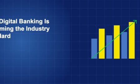 Ascending bar chart with trend arrow showing digital banking adoption becoming the industry standard