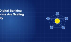 Network of interconnected nodes with central hub representing scalable digital banking platform architecture