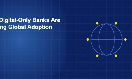 Globe with radiating digital connection lines representing global spread of digital-only banking