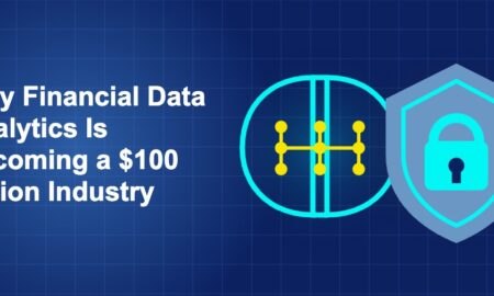 Dark blue fintech illustration with + icons in side-by-side composition