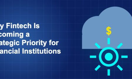 Dark blue fintech illustration with icons in solo composition