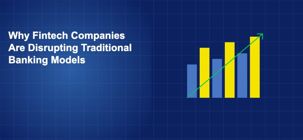 Bar chart with upward trend arrow showing fintech revenue growth displacing traditional banking
