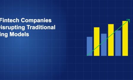 Bar chart with upward trend arrow showing fintech revenue growth displacing traditional banking