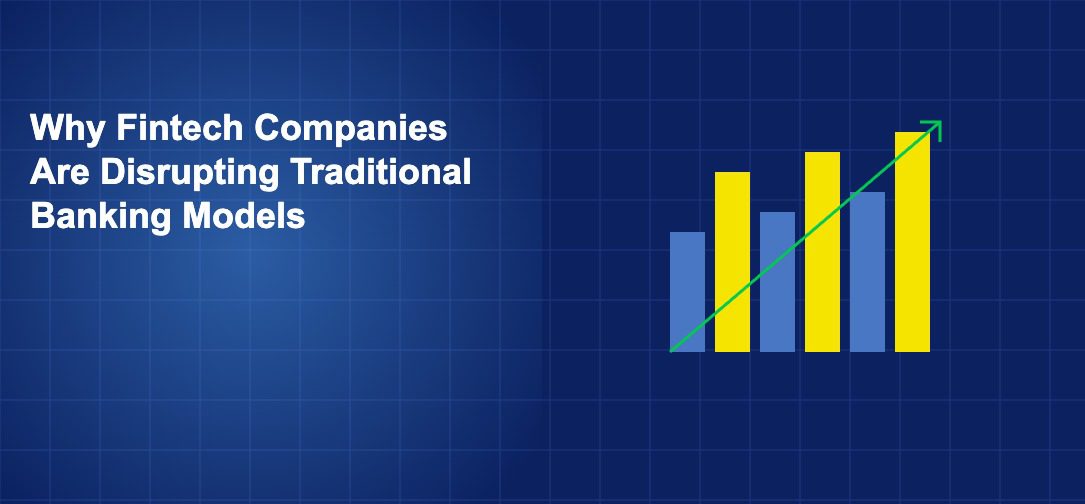 Bar chart with upward trend arrow showing fintech revenue growth displacing traditional banking