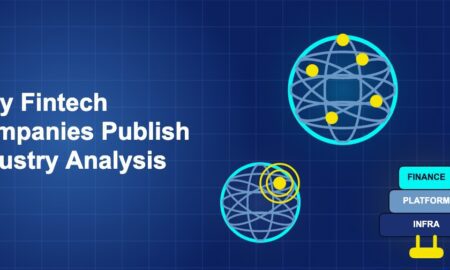 Dark blue fintech illustration with ++ icons in triangle composition