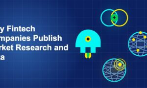 Dark blue fintech illustration with +++ icons in circular composition