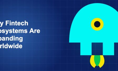 Dark blue fintech illustration with icons in solo composition