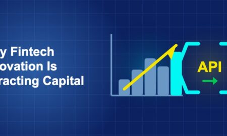 Dark blue fintech illustration with + icons in side-by-side composition