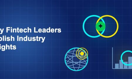 Dark blue fintech illustration with ++ icons in triangle composition