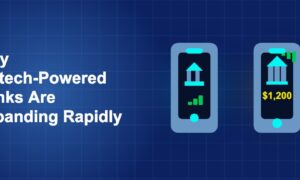 Dark blue fintech illustration with + icons in side-by-side composition