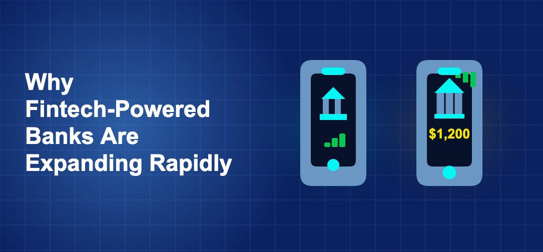 Dark blue fintech illustration with + icons in side-by-side composition