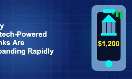 Dark blue fintech illustration with icons in solo composition