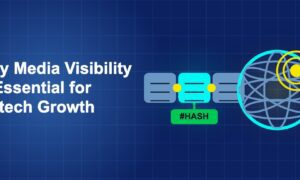 Dark blue fintech illustration with + icons in side-by-side composition