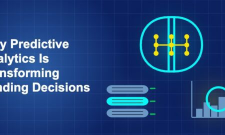 Dark blue fintech illustration with ++ icons in triangle composition