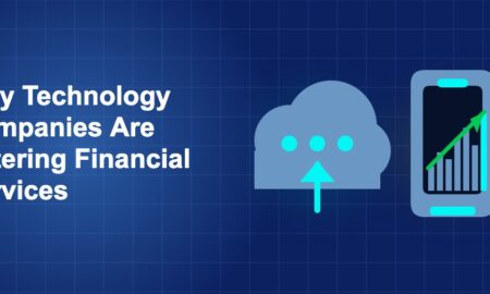 Dark blue fintech illustration with + icons in side-by-side composition