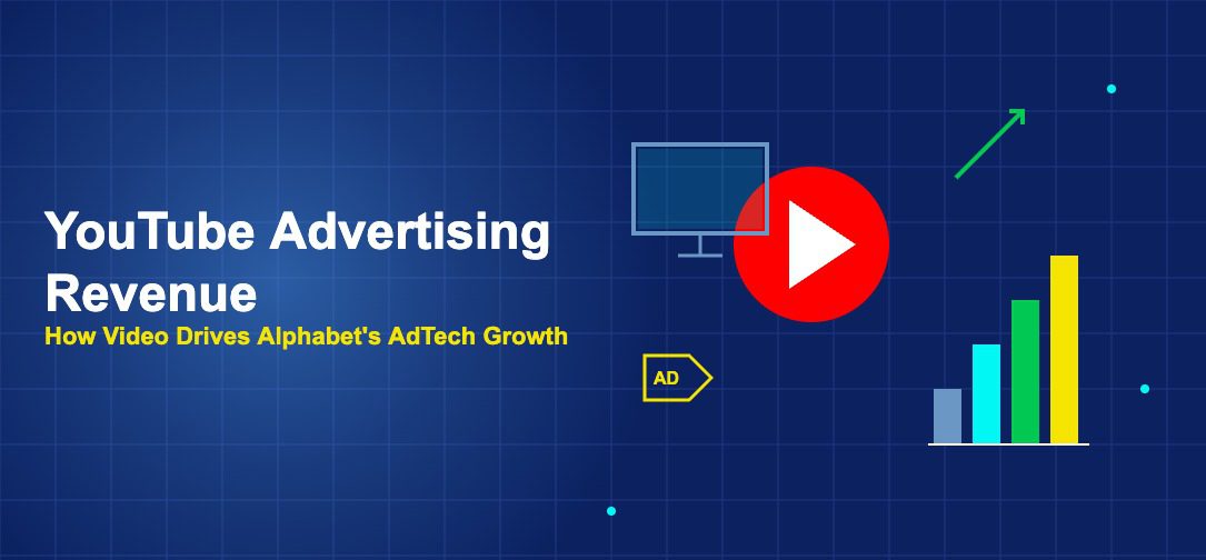 YouTube play button with video screen bar chart and ad tag