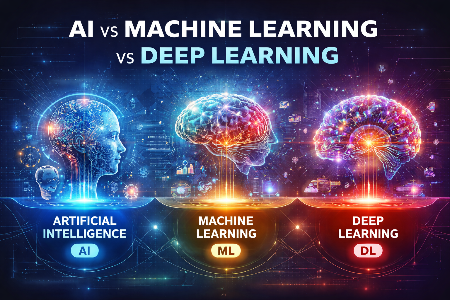 AI vs Machine Learning vs Deep Learning explained in simple terms. Learn key differences, use cases, and how each technology powers modern AI systems.