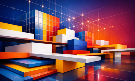 Colorful abstract architectural illustration with layered geometric blocks, intersecting grid lines, and connected pathways in vivid blue, orange, yellow, red, and white, symbolizing structure, discoverability, and digital connection.